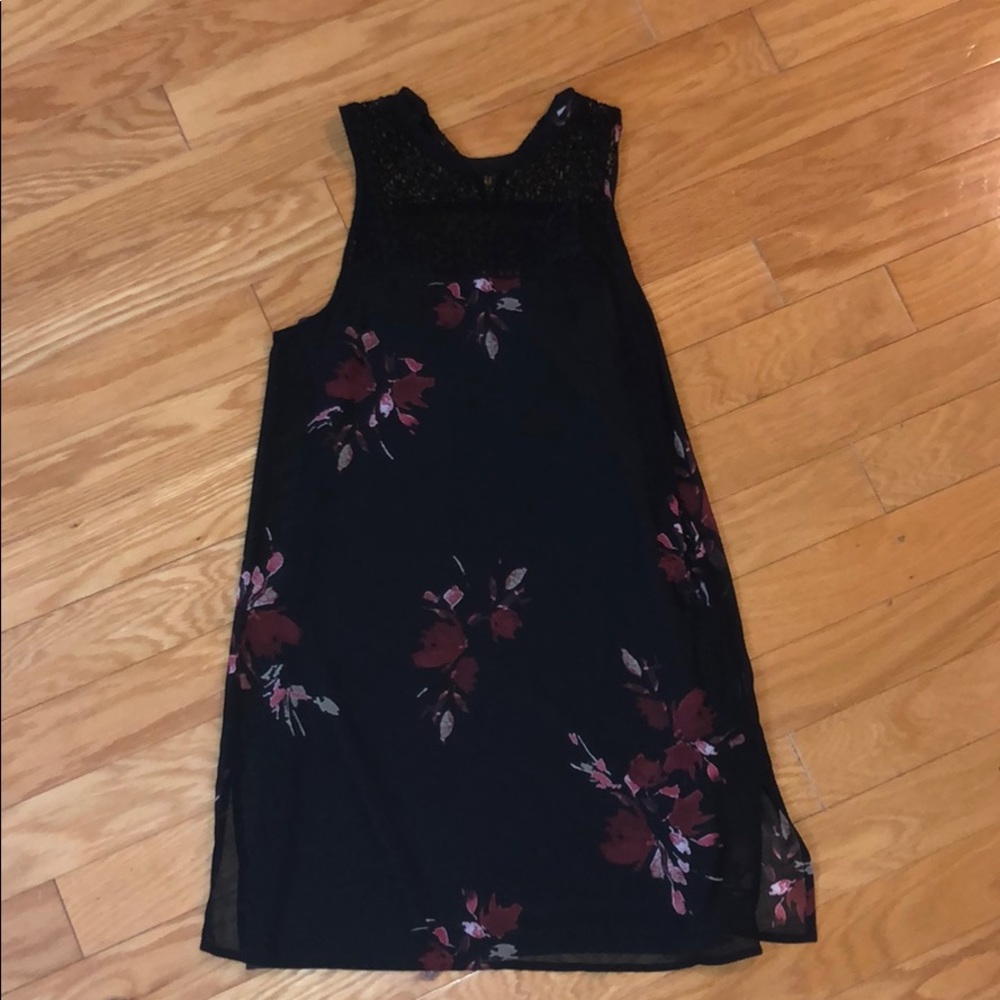 Black floral side slit slip dress. Lace neckline